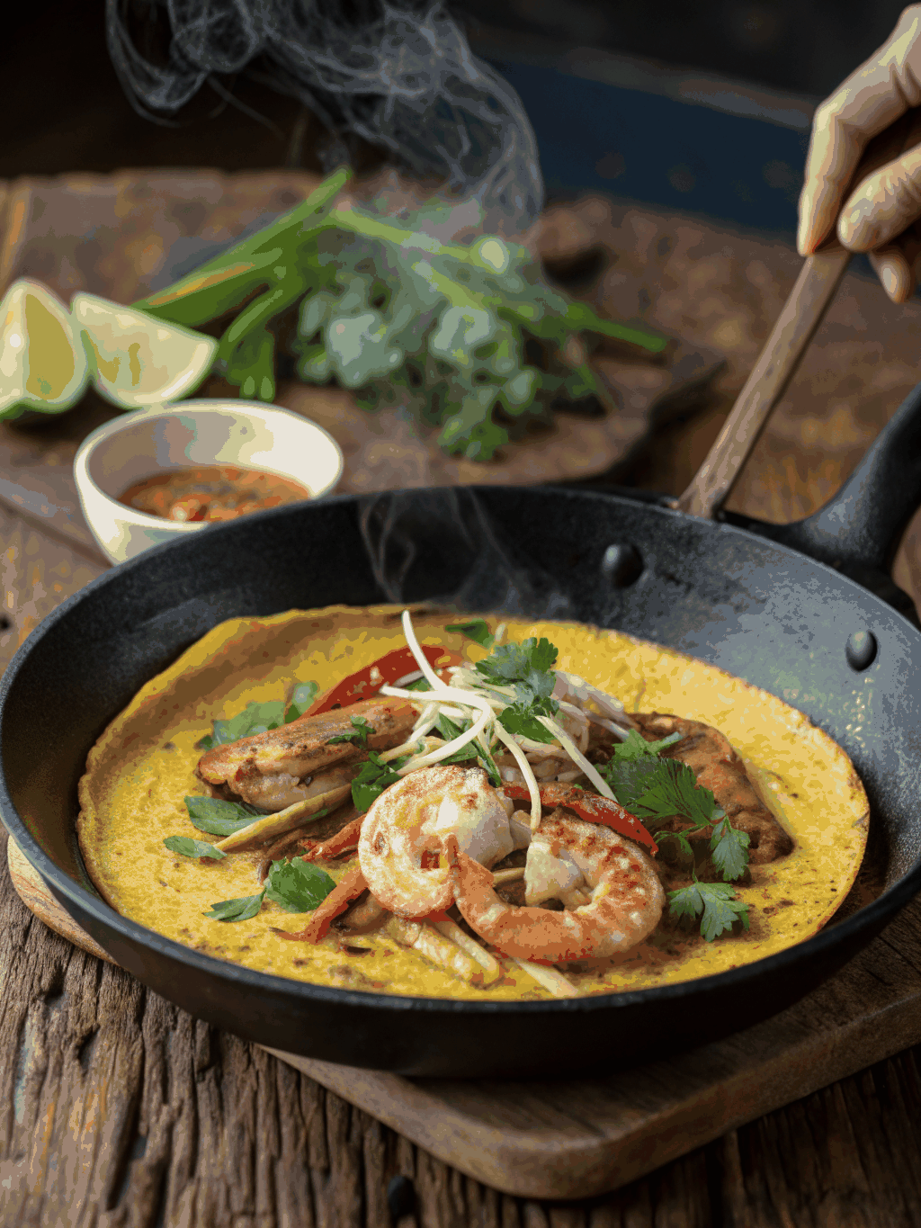 Crêpe vietnamienne dorée garnie de crevettes et pousses de soja.