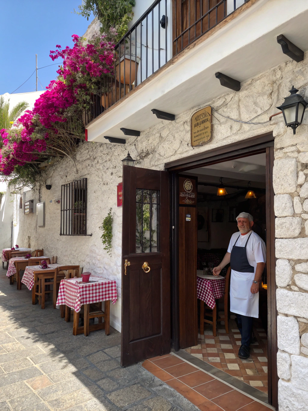 Bougainvilliers en fleurs devant l'entrée du restaurant Cô Bảy