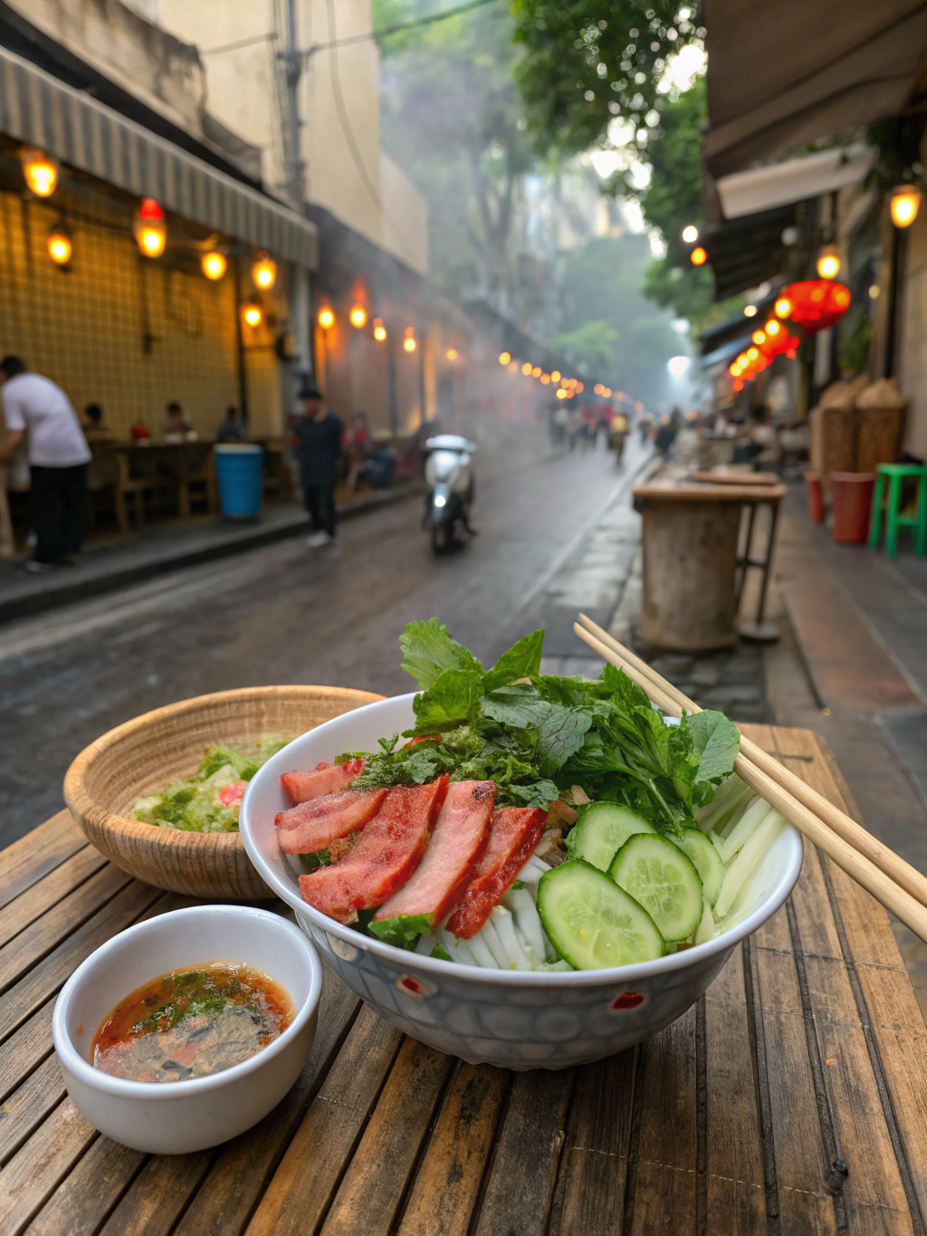Plat de Bún Chả avec porc grillé et vermicelles de riz.