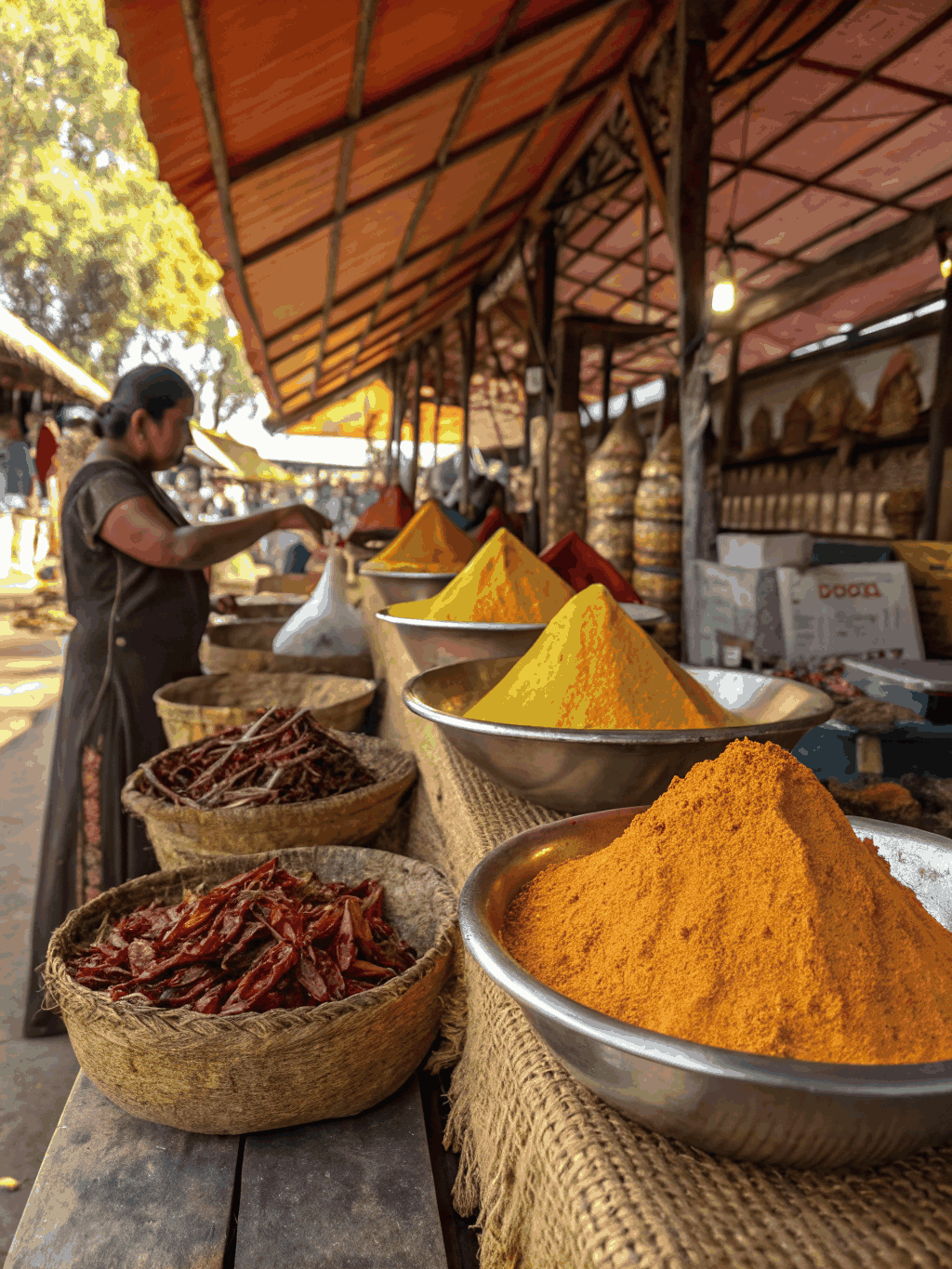 Étal coloré d'épices et herbes fraîches au marché de Noailles