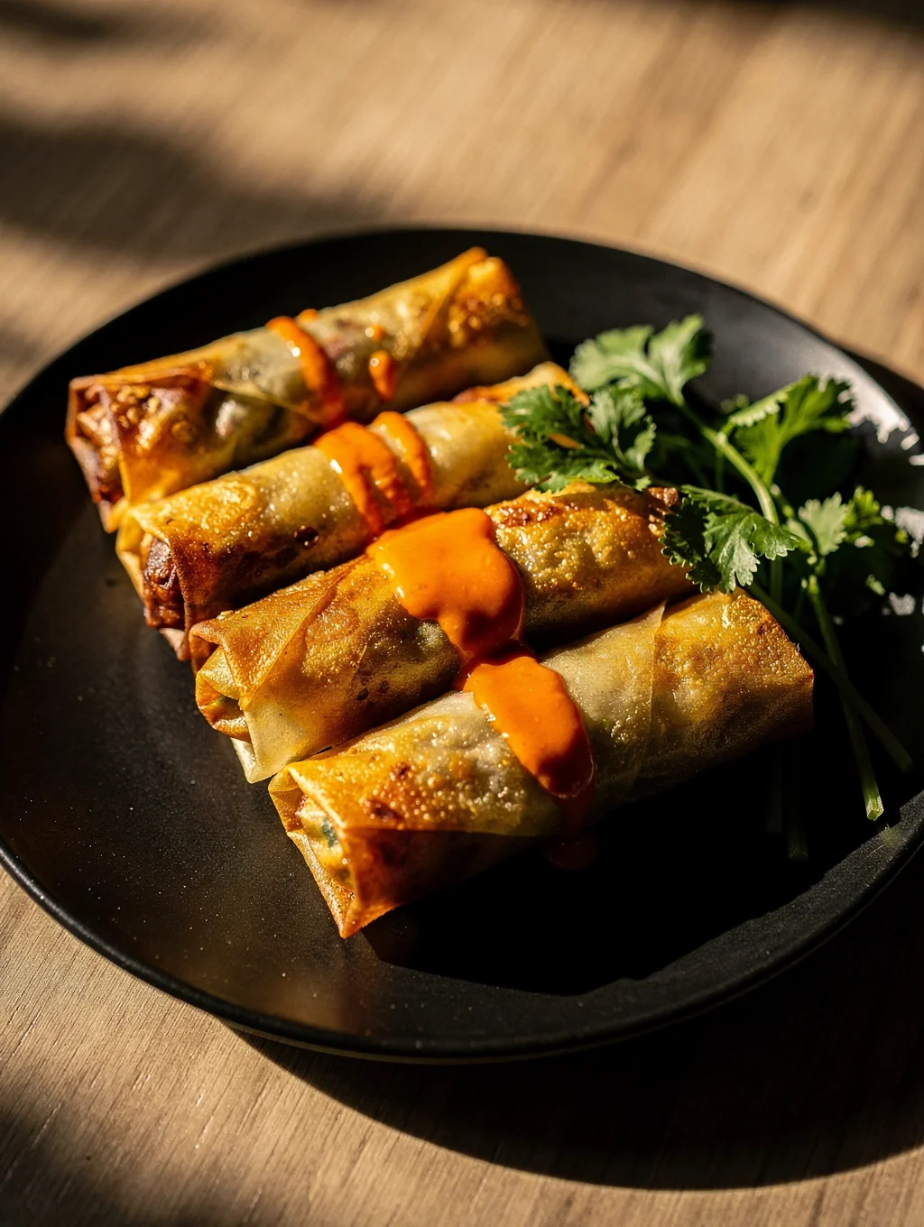 Assiette de nems dorés servis avec salade et menthe fraîche.