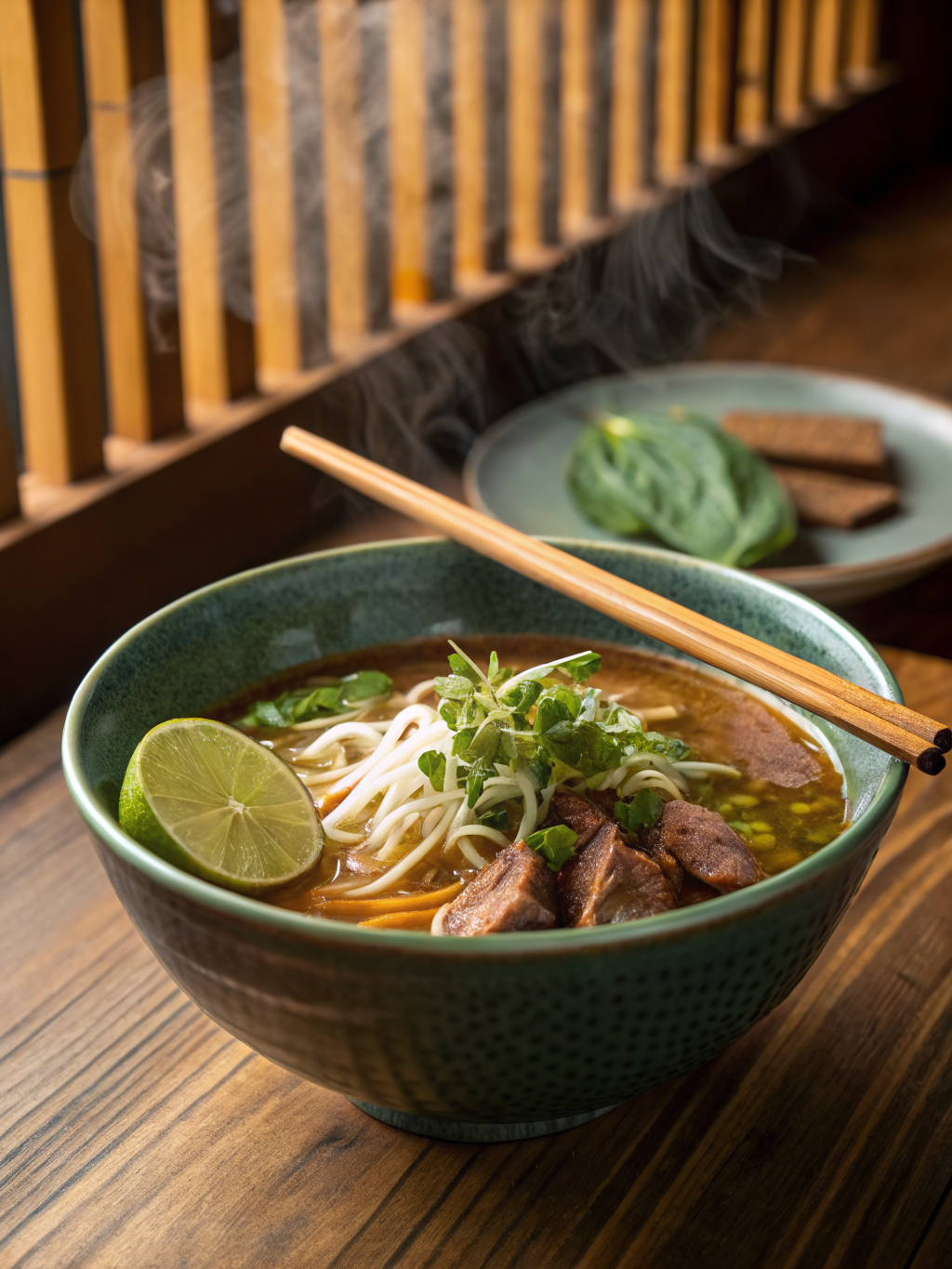 Bol de Phở Bò fumant avec herbes fraîches et tranches de bœuf.