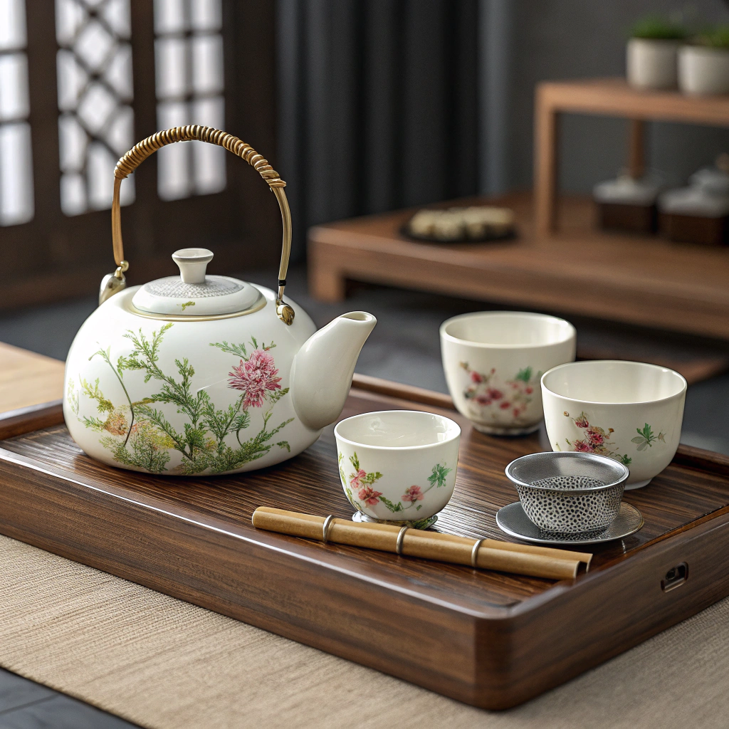 Service de thé traditionnel vietnamien dans une vaisselle artisanale