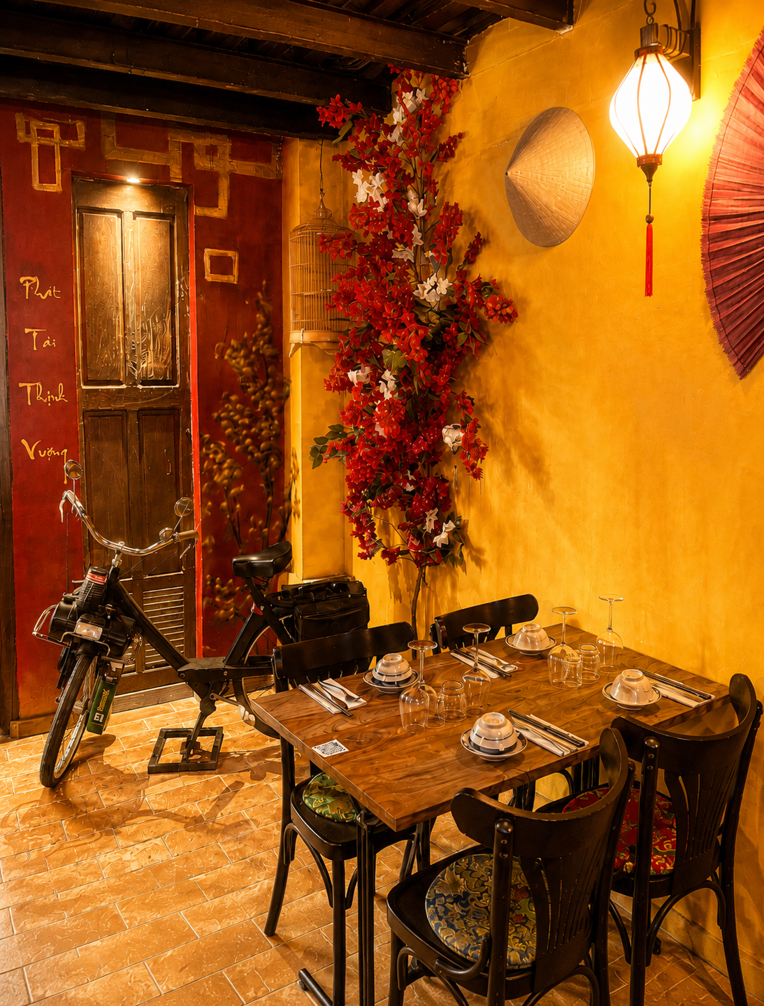 Vélosolex vintage devant le restaurant Cô Bảy, symbole du charme rétro français du quartier
