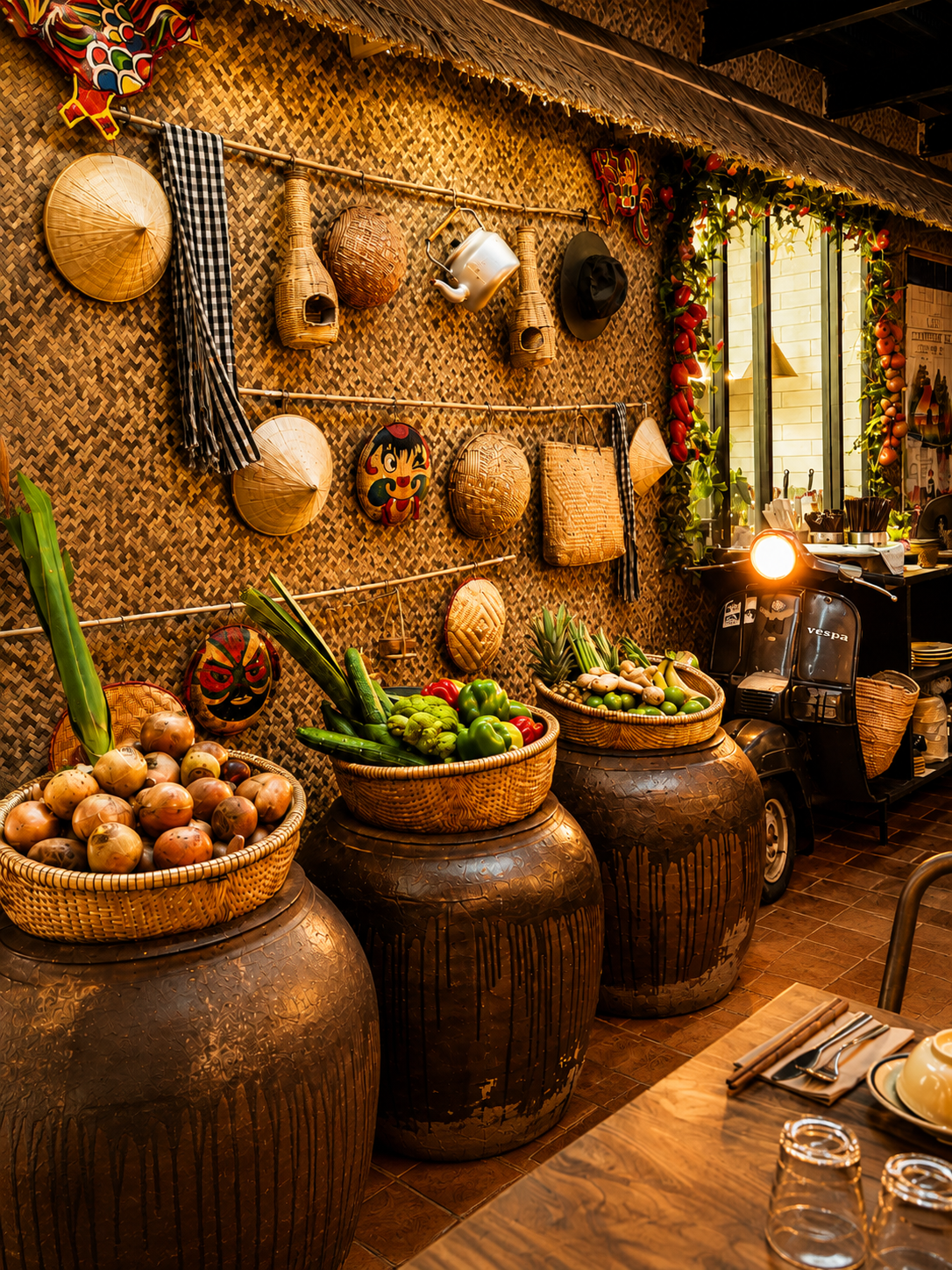 Jarre décorative foncée du restaurant Cô Bảy, élément de décoration raffinée