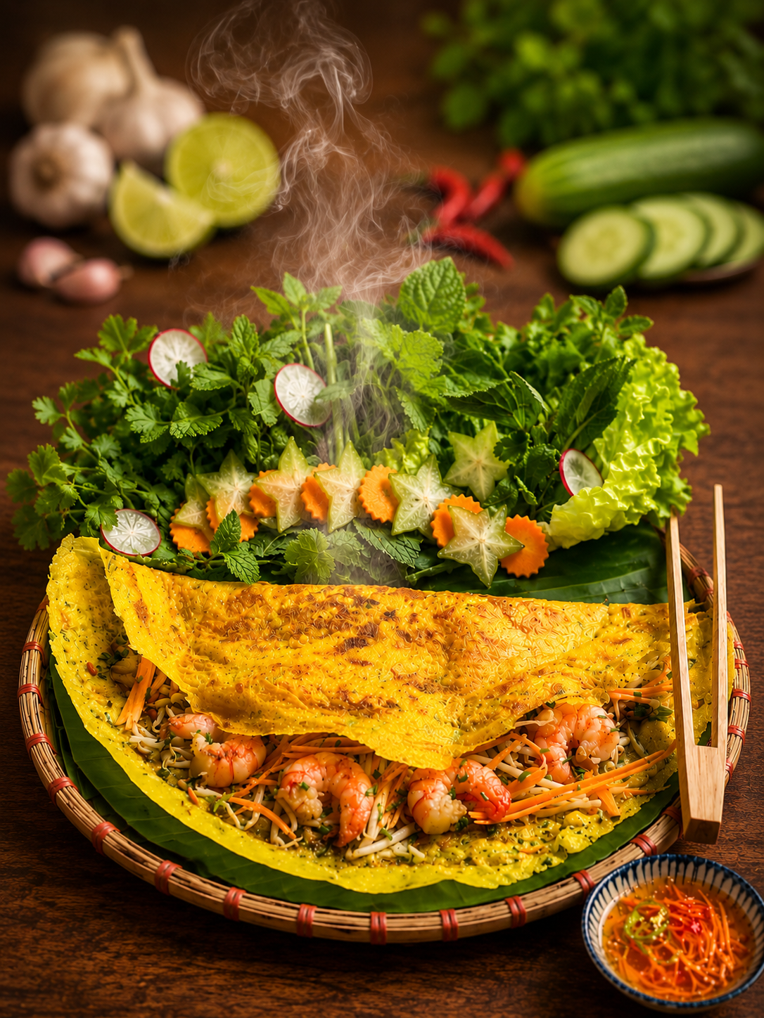 Crêpe vietnamienne dorée garnie de crevettes et pousses de soja.