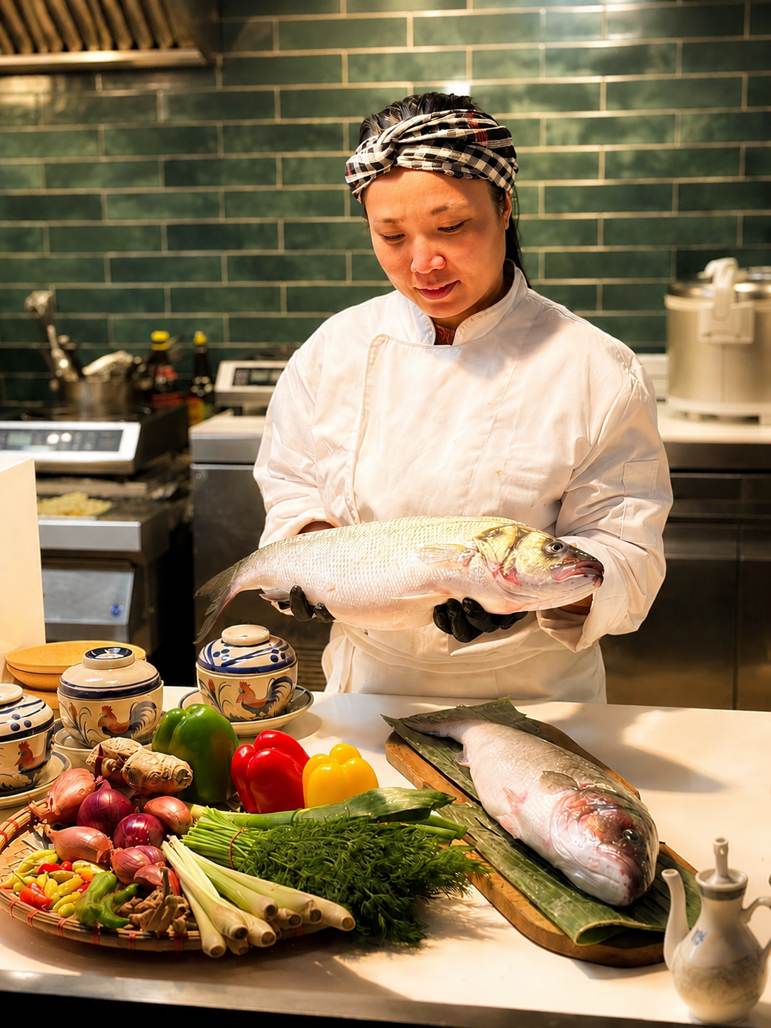 Chef Kim Huệ du restaurant Cô Bảy réceptionnant l'arrivage de poissons frais.