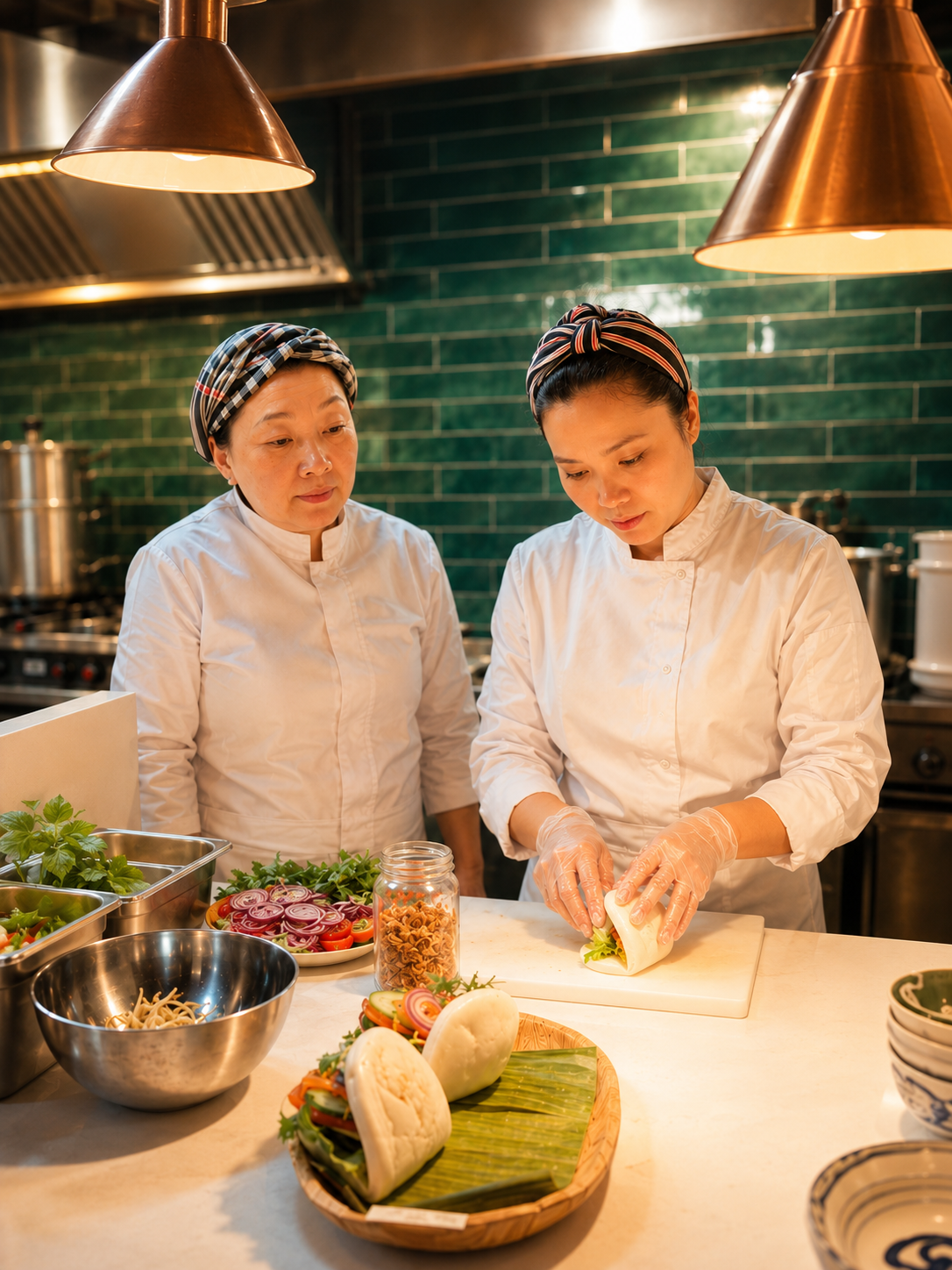 Chef Kim Huệ et son second préparant les Bao Burgers au restaurant Cô Bảy.