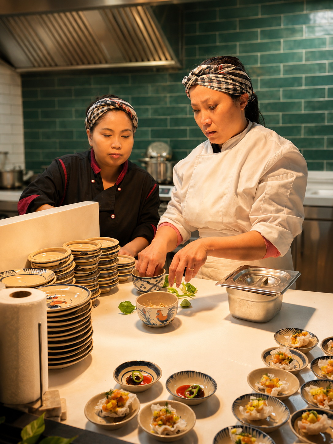 Chef Kim Huệ et son second du restaurant Cô Bảy préparant ensemble une mise en bouche au saumon et avocat.