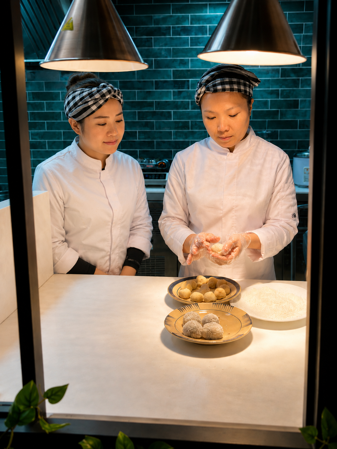 Chef Kim Huệ et son second du restaurant Cô Bảy préparant ensemble un dessert aux perles de coco.