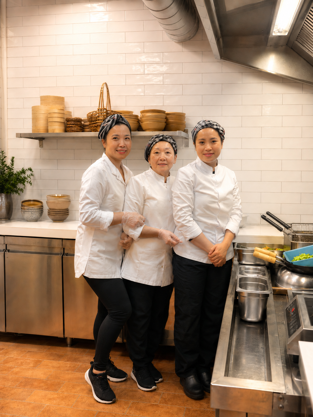 Équipe de cuisine du restaurant Cô Bảy après le service, nettoyant et préparant la cuisine pour le lendemain.