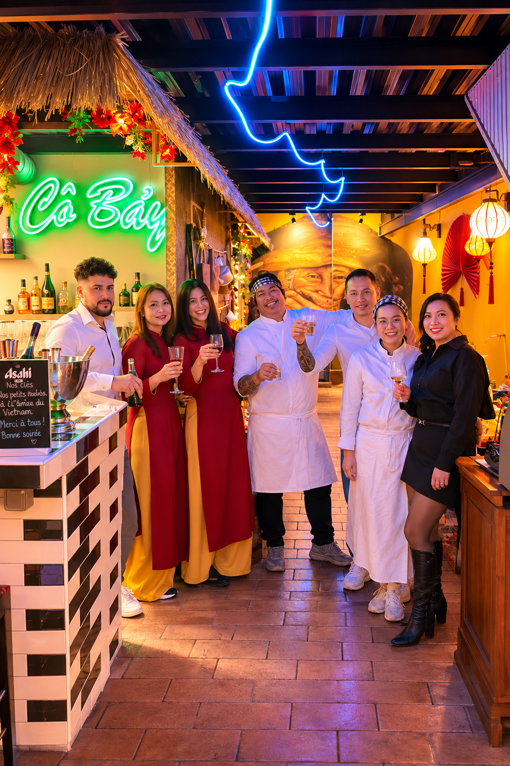 Équipe du restaurant Cô Bảy levant leurs verres pour célébrer le nouvel an avec joie et convivialité.