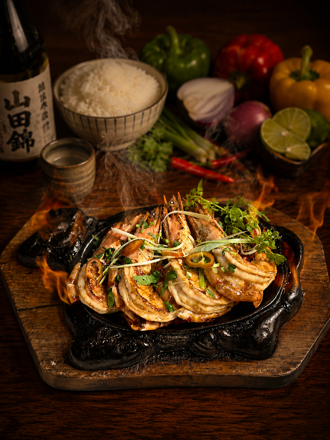 Gambas flambées au saké avec oignons, poivrons et herbes fraîches, un plat signature du restaurant Cô Bảy