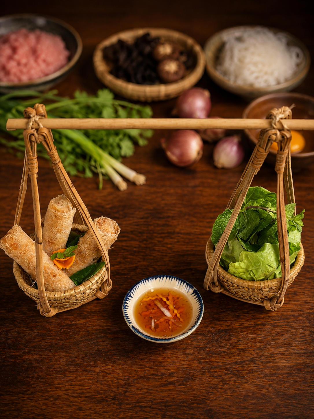 Assiette de nems dorés servis avec salade et menthe fraîche.
