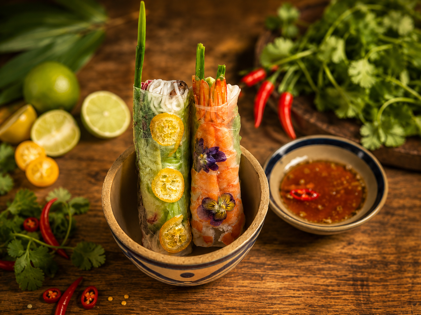 Rouleaux de printemps frais aux crevettes et herbes aromatiques.