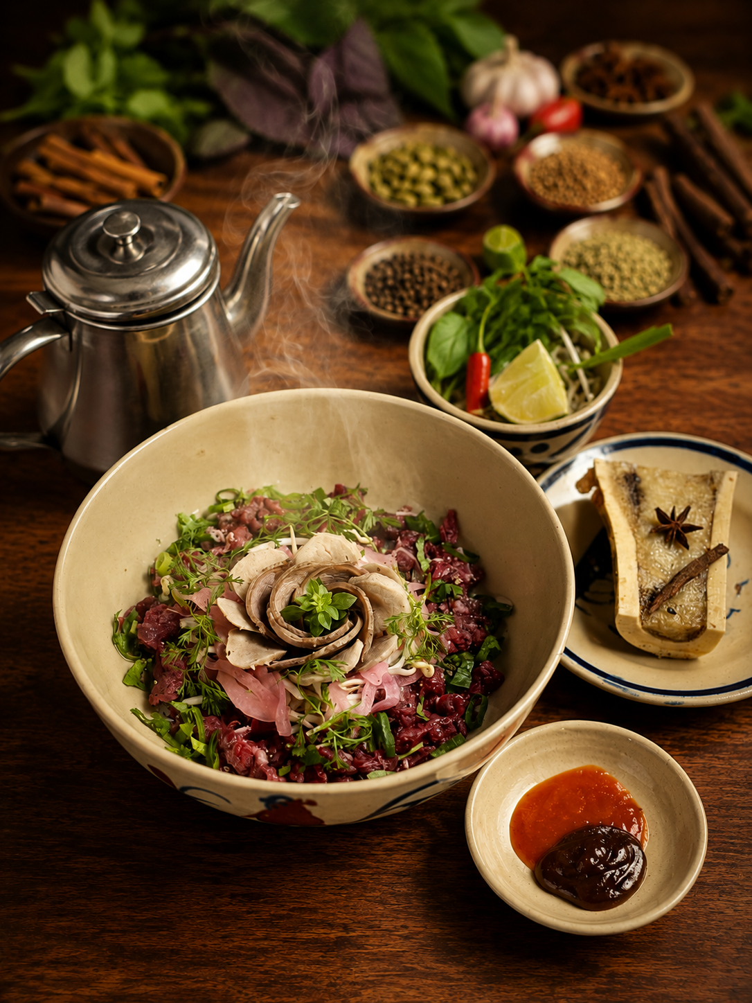 Bol de Phở Bò fumant avec herbes fraîches et tranches de bœuf.