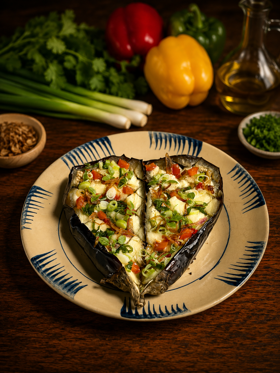 Aubergine rôtie au four avec poivrons multicolores et huile d'olive.