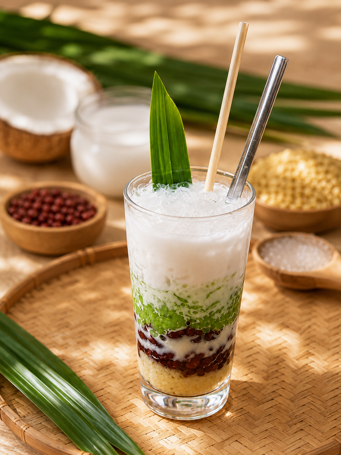 Dessert vietnamien Chè Ba Màu aux trois couleurs et lait de coco.