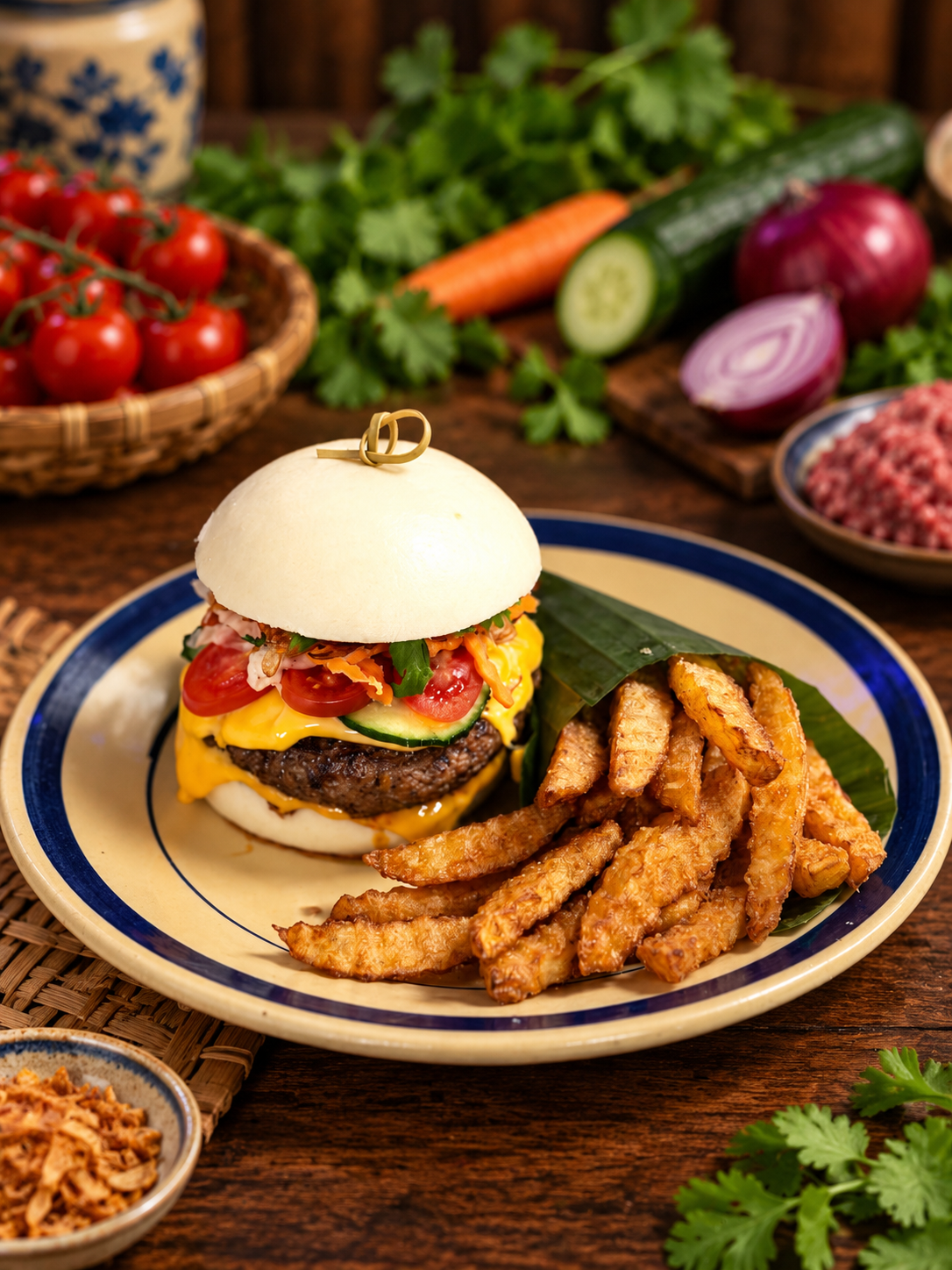 Bao Burger, création fusion signature du restaurant Cô Bảy.