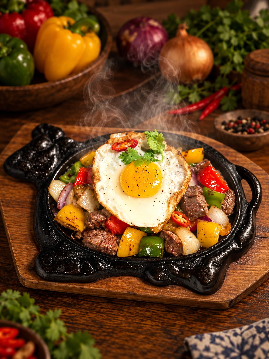 Bœuf Lúc Lắc saisi au wok avec oignons croquants, riz parfumé et salade fraîche.