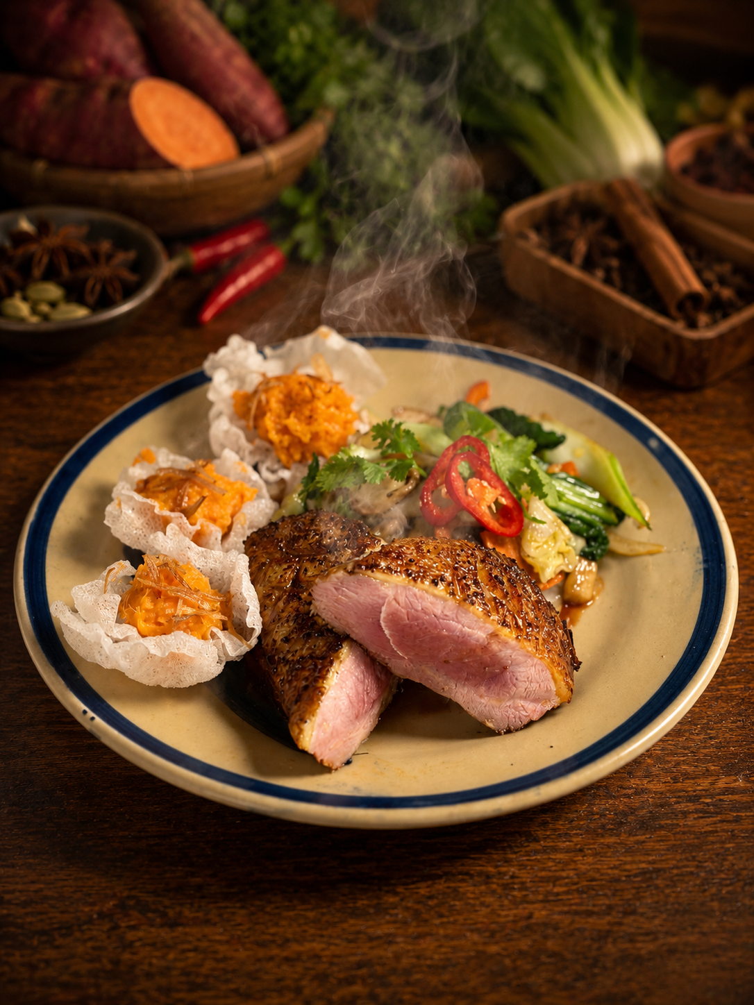 Canard laqué doré et brillant, servi avec riz parfumé et légumes de saison.